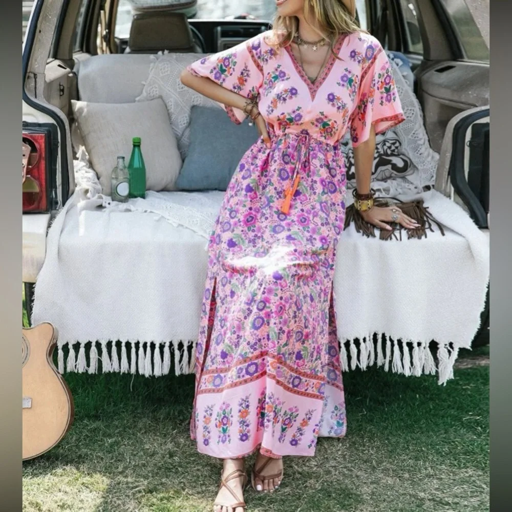 Boho floral print slit thigh drawstring waist maxi dress - Picture 6 of 6